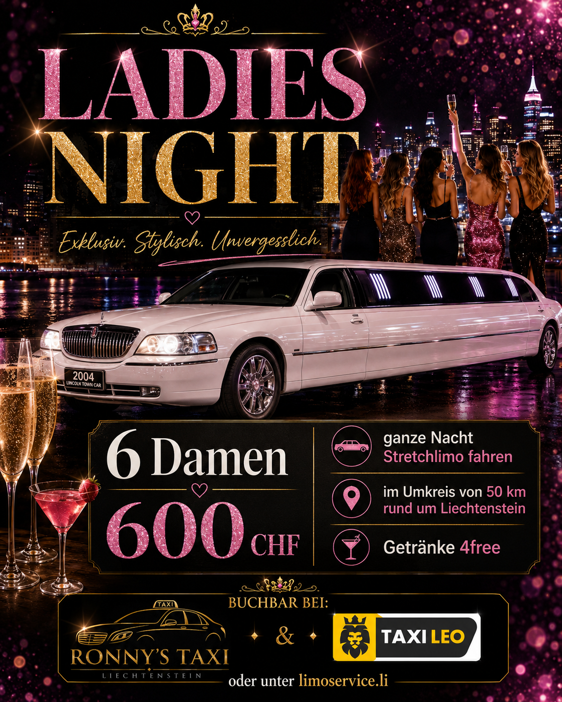 Ladies Night mit weißer Lincoln Town Car Stretchlimousine